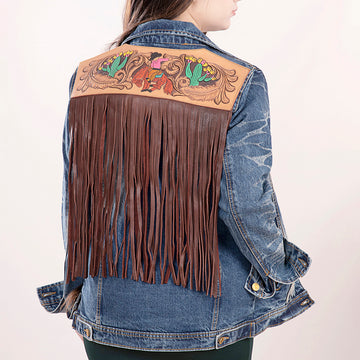 ADJKT017 Genuine leather Hand tooled hand carved Women 100% cotton Denim jacket dress ladies girl
